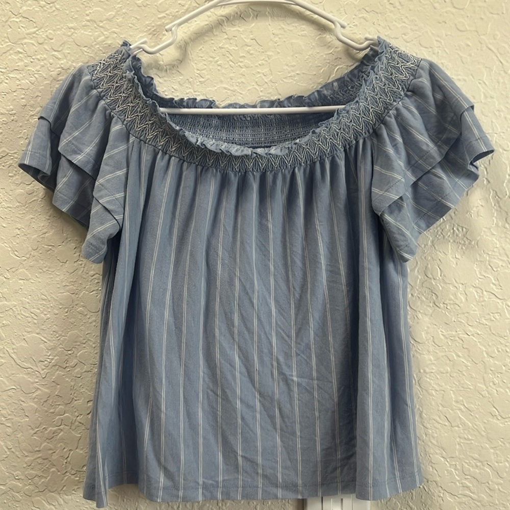 Light blue, white pinstripe, off the shoulder blouse